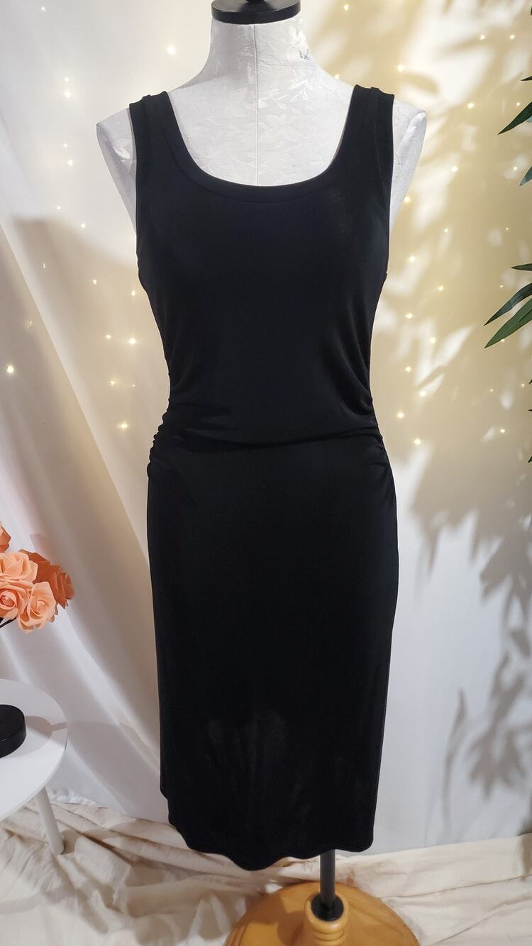 Boston Proper Slinky Stretch Knit Scoop Ruched Midi Travel Dress Size XS Black